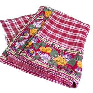 Williams Sonoma Red Plaid Floral Border Tablecloth 68”x100” Cotton